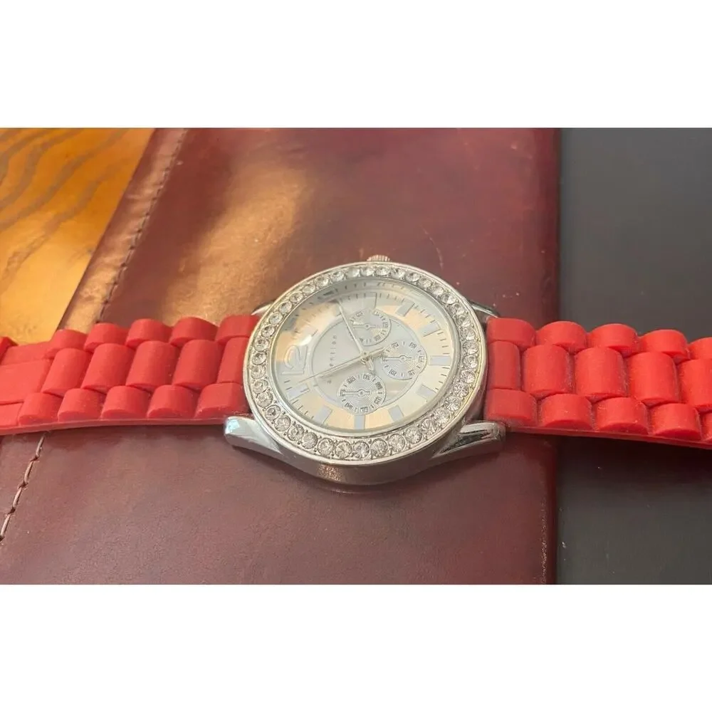Women's 40mm Silver Tone Attention Watch, Crystal  Accents, Red Poly Band